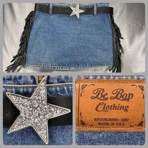 Be‎ Bop Y2K Mini Denim Skirt Medium Fringe Glitter Star Belt Cowgirl Western USA